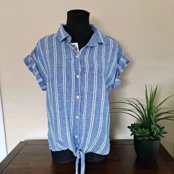 ❤️ Jachs Girlfriend Short Sleeved Linen Blend Blouse XS Striped Lightweight Top - Picture 1 of 14